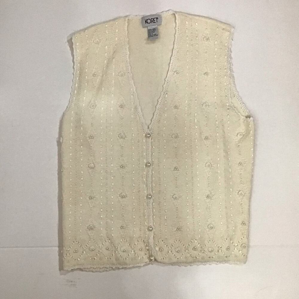 Vintage Koret Cream Soft Crochet Beaded Ribbon Trim Vest Cottagecore Fairy M